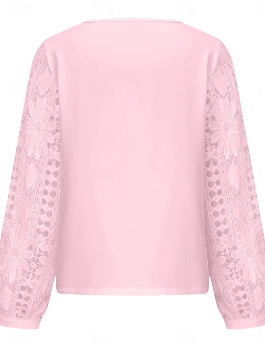 Elegante weiße Spitzenbluse für Damen mit Lochstickerei, lässige einfarbige Bluse mit langen Ärmeln, asymmetrischer Spitzen-Patchwork-Verzierung, normale Passform, für den Alltag, in Schwarz, Weiß und Rosa, romantische Petite-Bluse, Sommer-Urlaubsmode