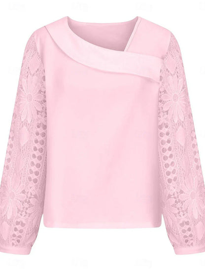 Elegante weiße Spitzenbluse für Damen mit Lochstickerei, lässige einfarbige Bluse mit langen Ärmeln, asymmetrischer Spitzen-Patchwork-Verzierung, normale Passform, für den Alltag, in Schwarz, Weiß und Rosa, romantische Petite-Bluse, Sommer-Urlaubsmode